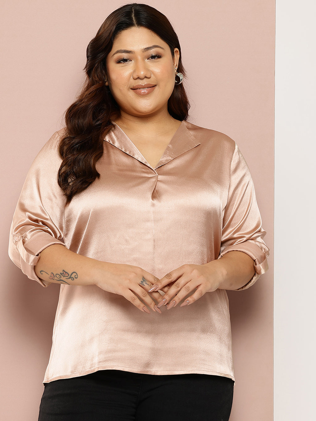 Plus Size Roll-Up Sleeves Satin Casual Shirt
