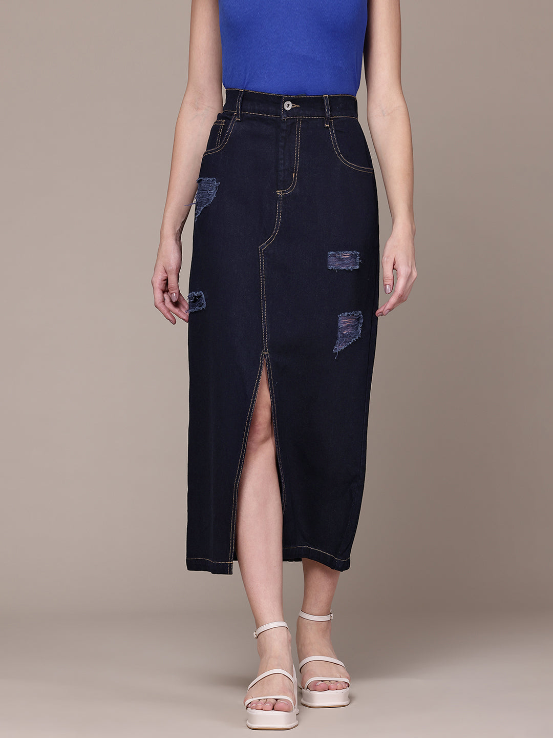 Distressed Pure Cotton Denim Straight Midi Skirt with Front Slit