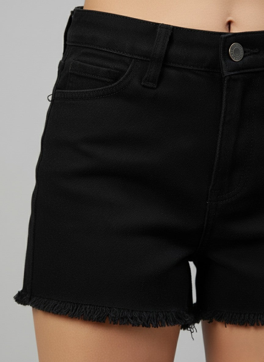 Black Solid Regular Fit Denim Shorts
