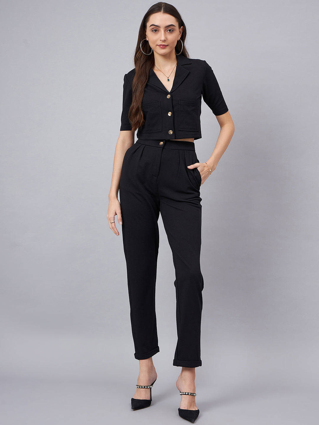 Black Notched Lapel Collar Crop Top With Trouser