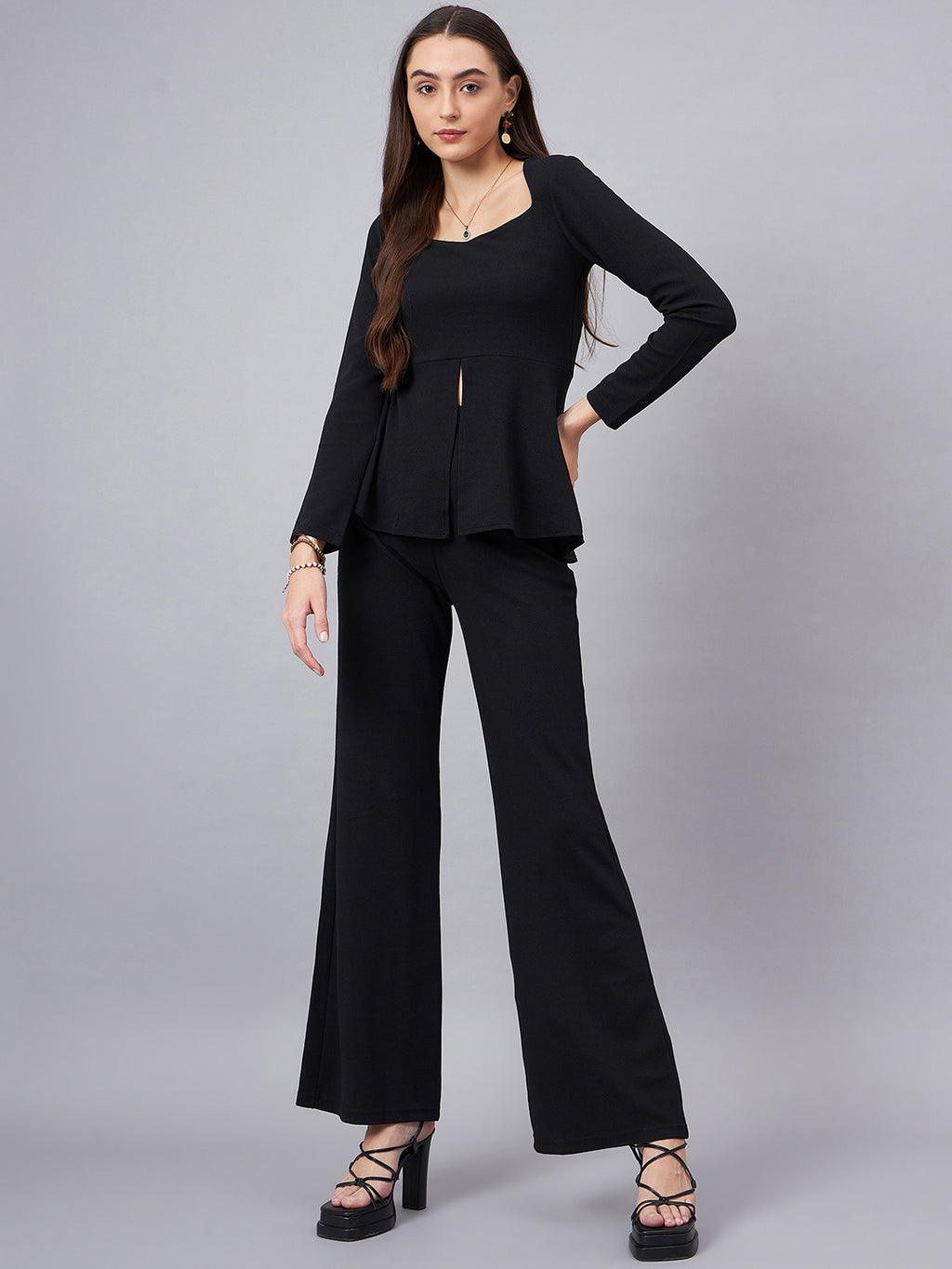 Black Sweetheart Neck Peplum Top With Flared Trousers