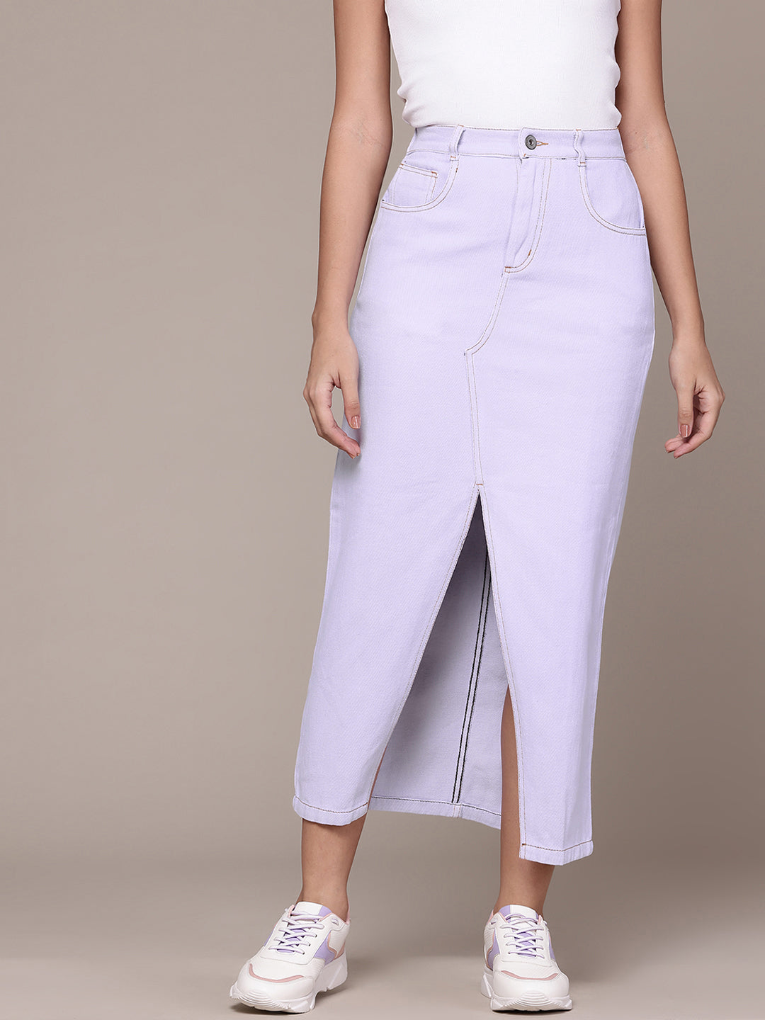 Pure Cotton Straight Denim Midi Skirt with Front Slit