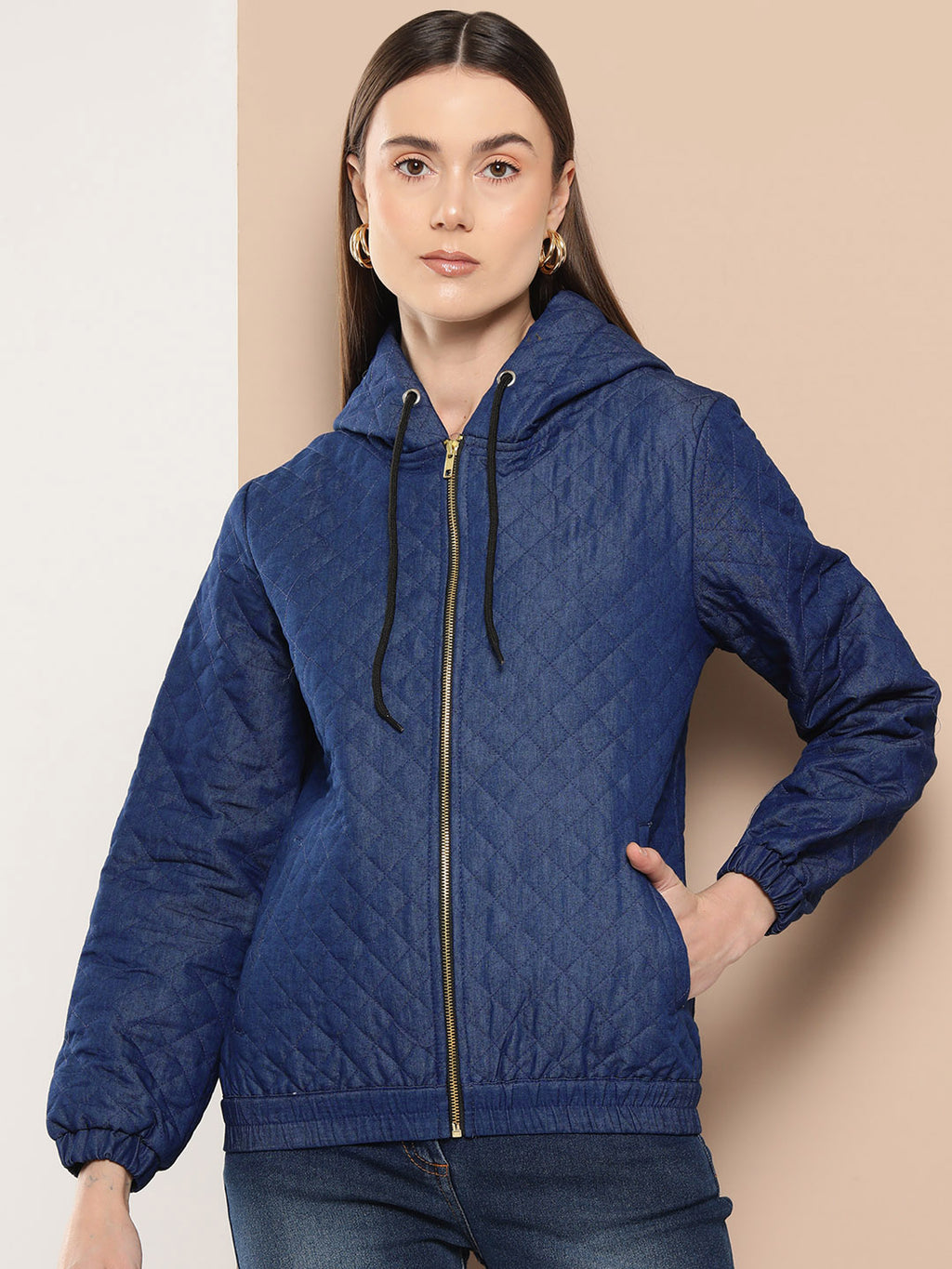 Women Solid Quilted Blue Jacket