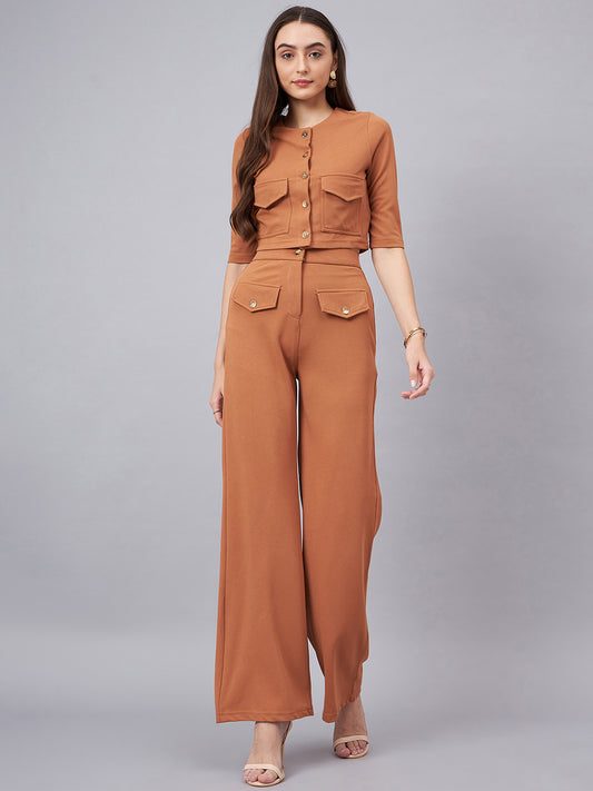 Brown Round Neck Crop Top With Trouser