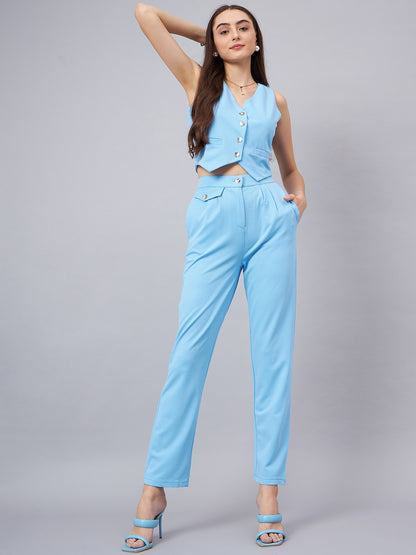 Blue V-Neck Crop Top With Trouser