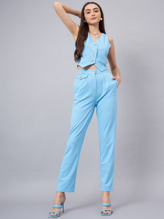 Blue V-Neck Crop Top With Trouser