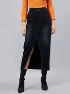 Black Front Slit Denim Straight Skirt