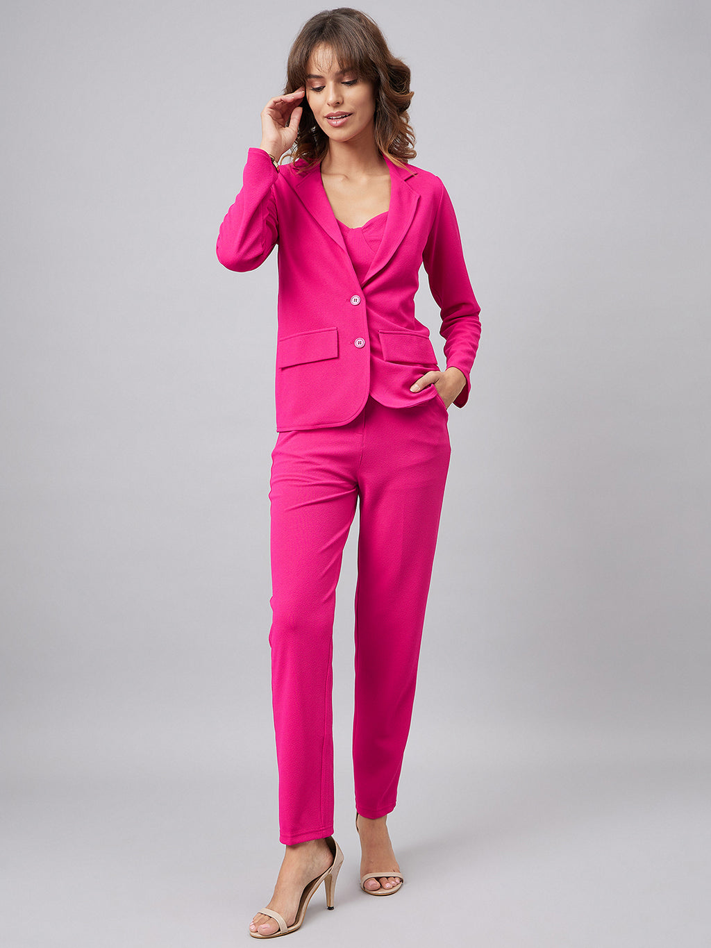 Sweetheart Neck Top & Notched Lapel-Collar Blazer With Trousers