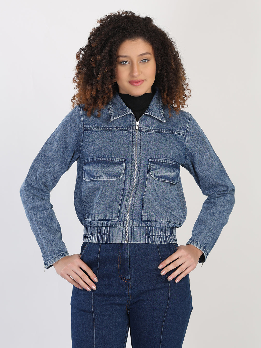 Spread Collar Washed Denim Jacket