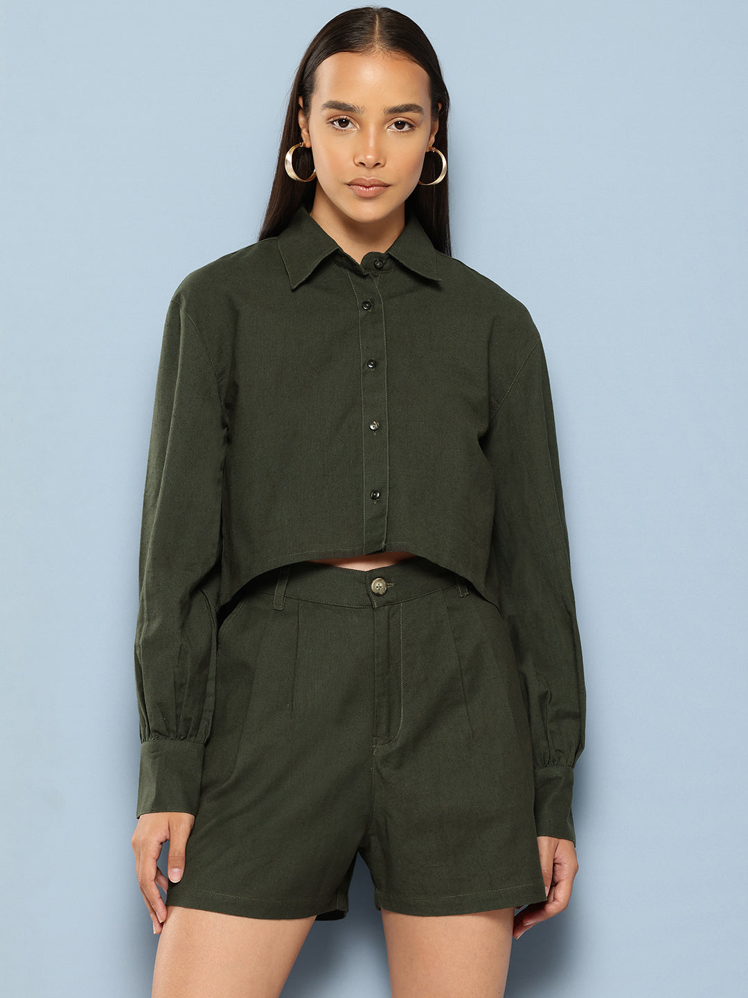 Green Pure Cotton Shirt With Shorts