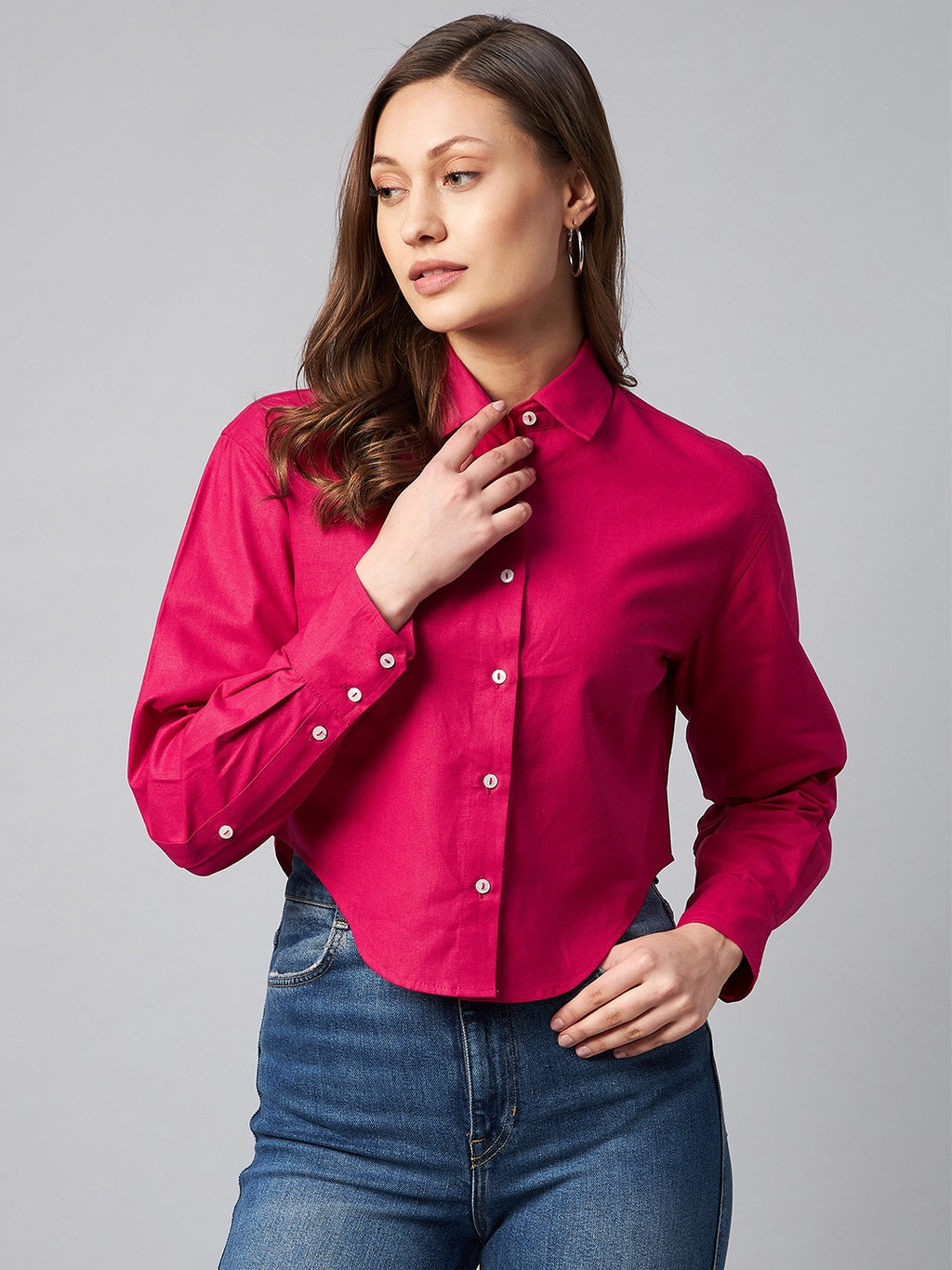 Spread Collar Cotton Crop Casual Shirt