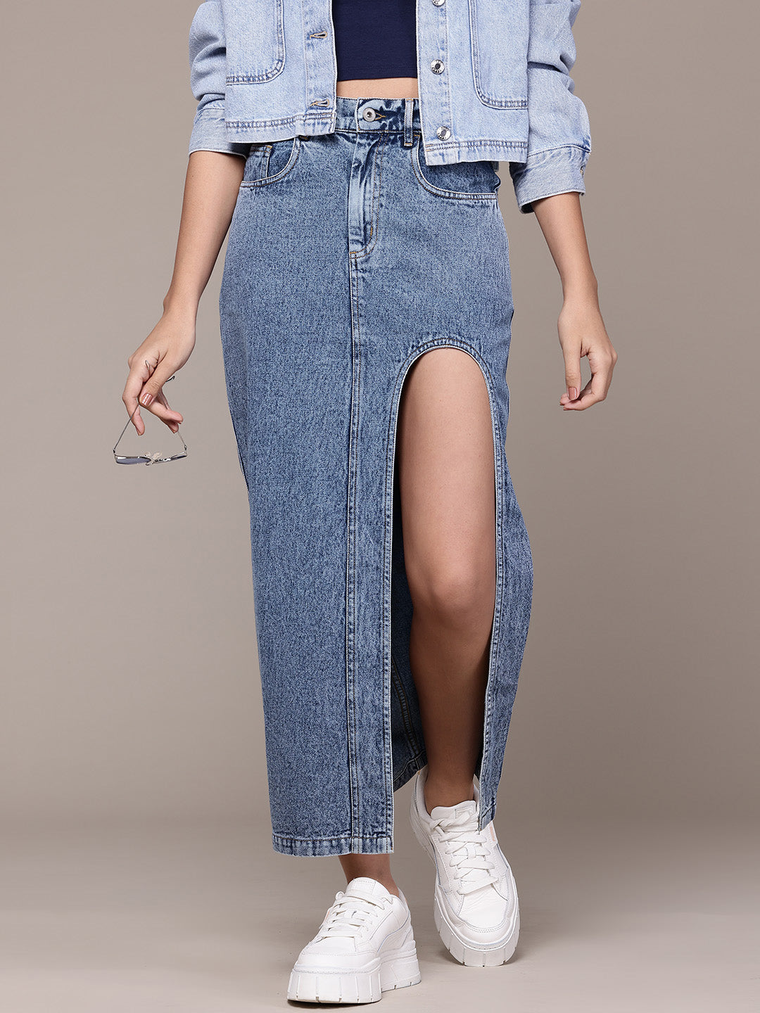 Pure Cotton Straight Denim Maxi Skirt with Cut-Out Detail