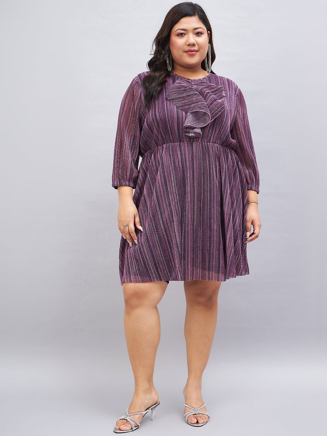 Purple Embellished Puff sleeves Fit And Flare Dress