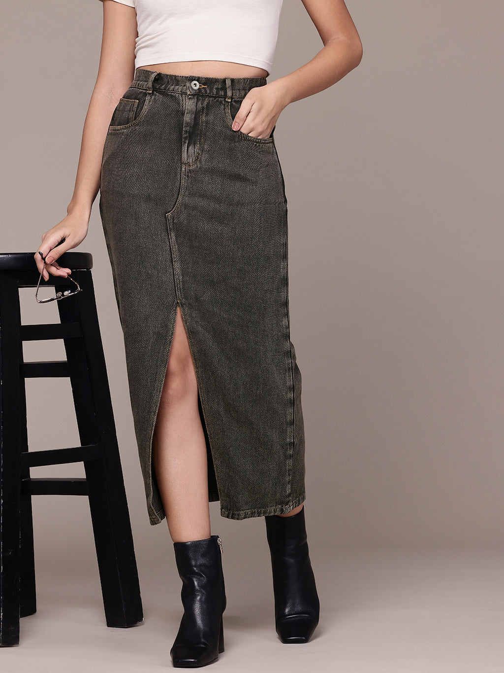 Washed Pure Cotton Denim Straight Midi Skirt with Front Slit