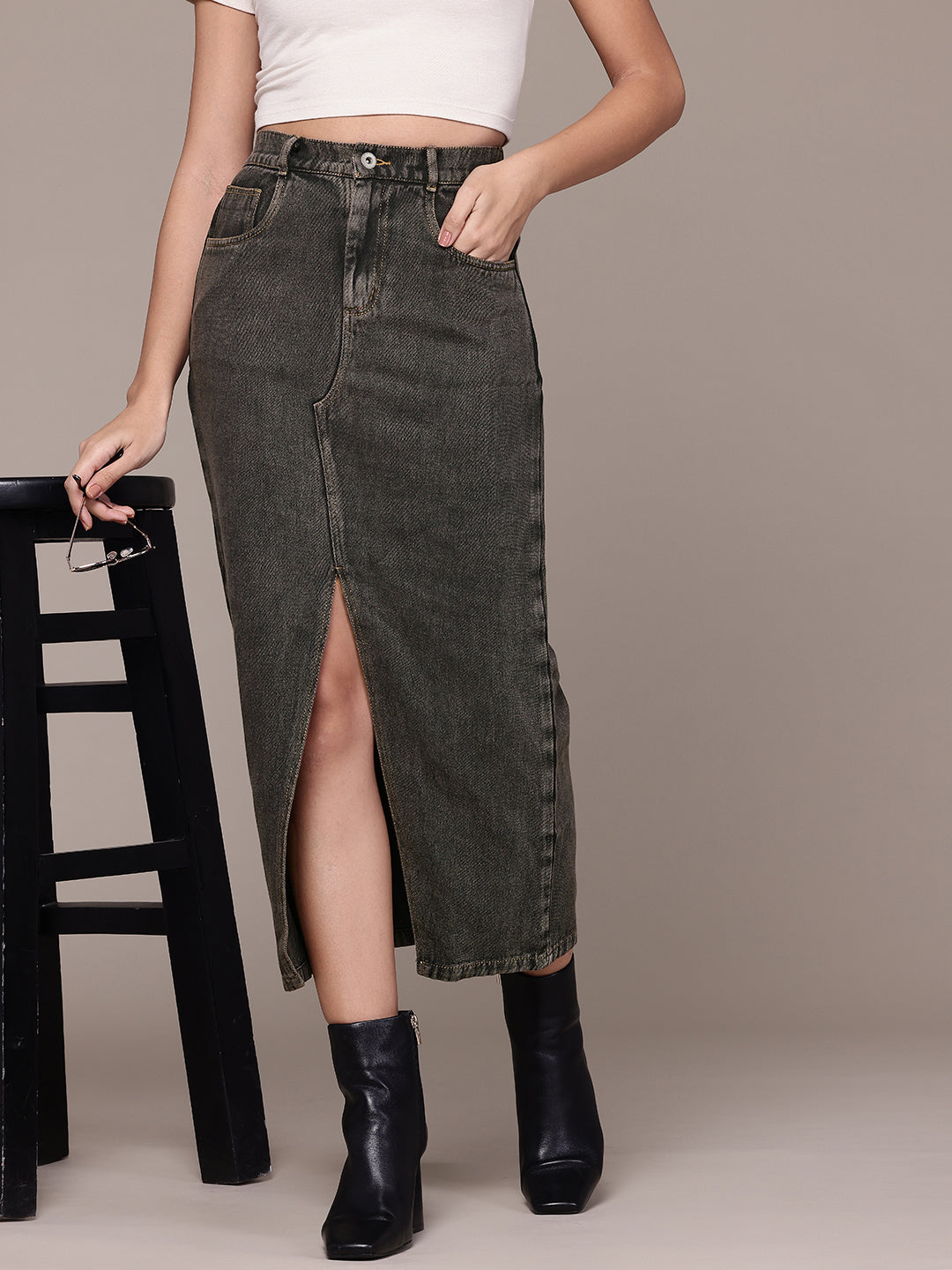 Washed Pure Cotton Denim Straight Midi Skirt with Front Slit