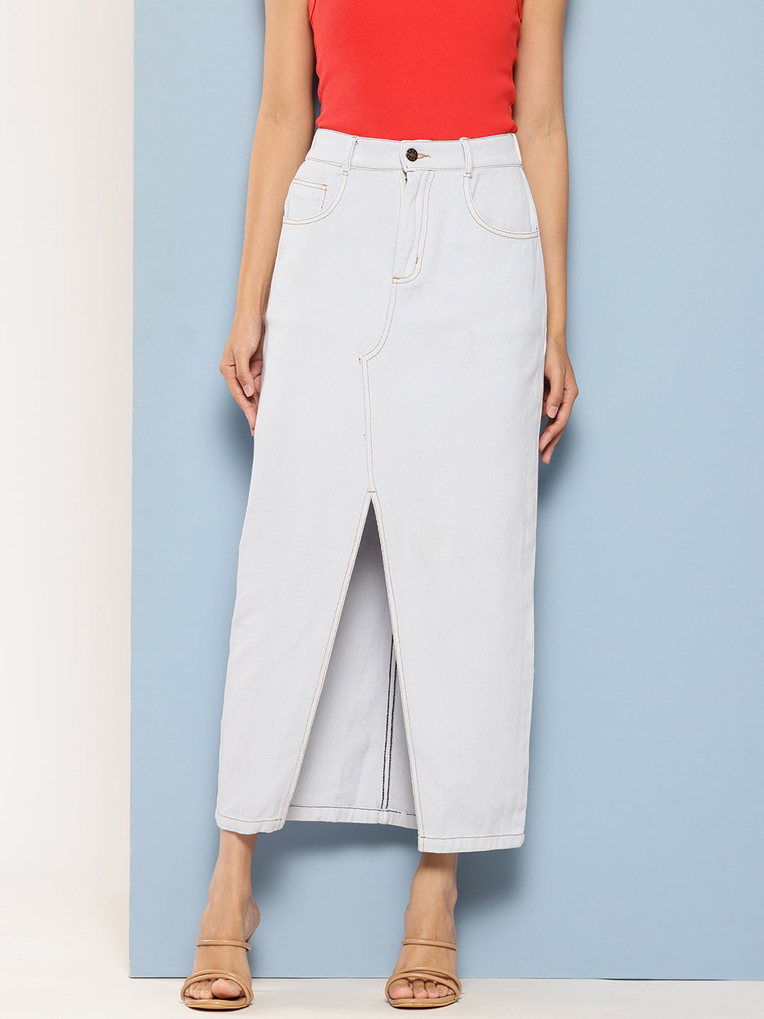 Pure Cotton Denim Straight Maxi Skirt with Front Slit