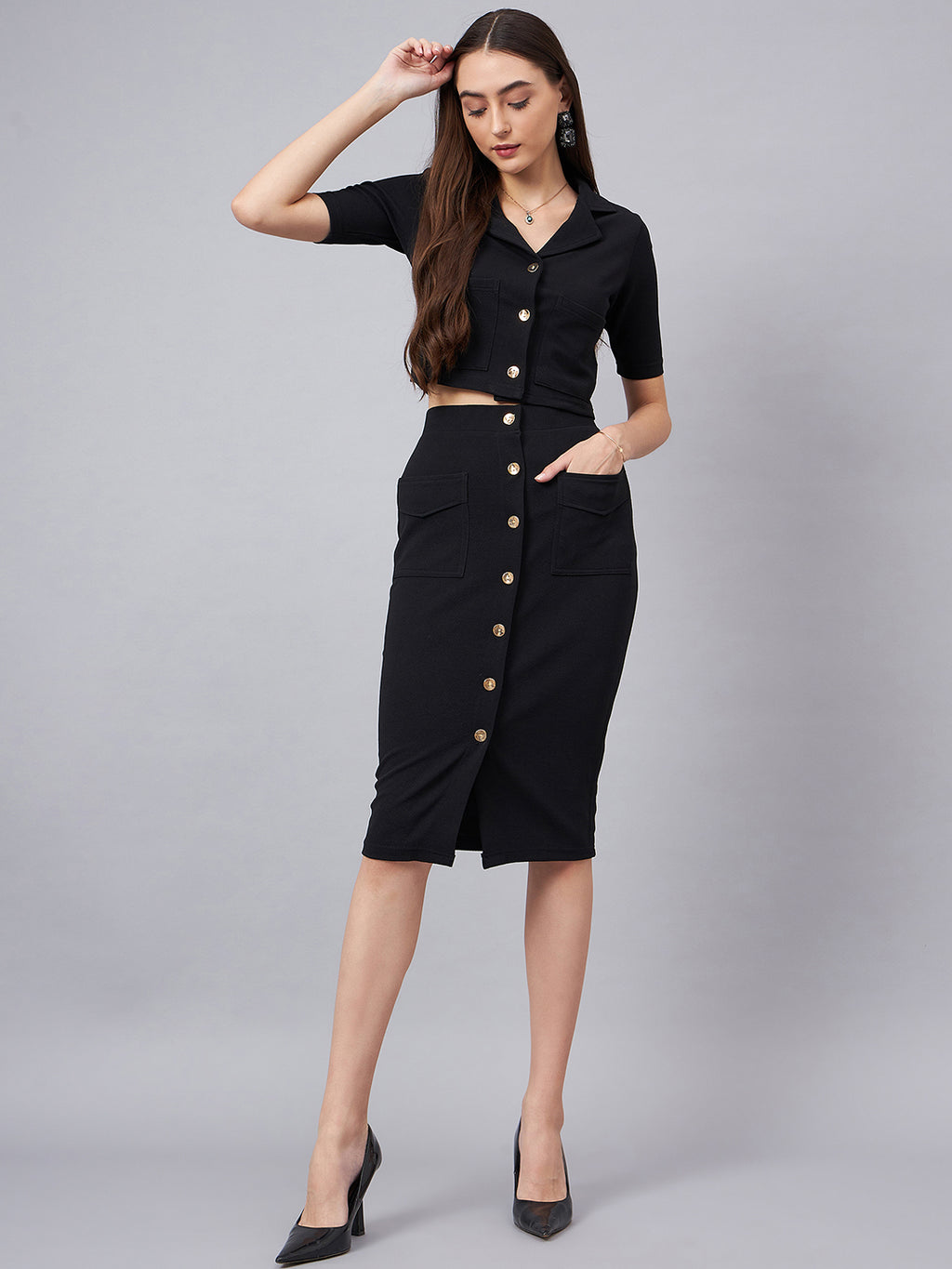 Black Crop Top With With Button Detail Skirt