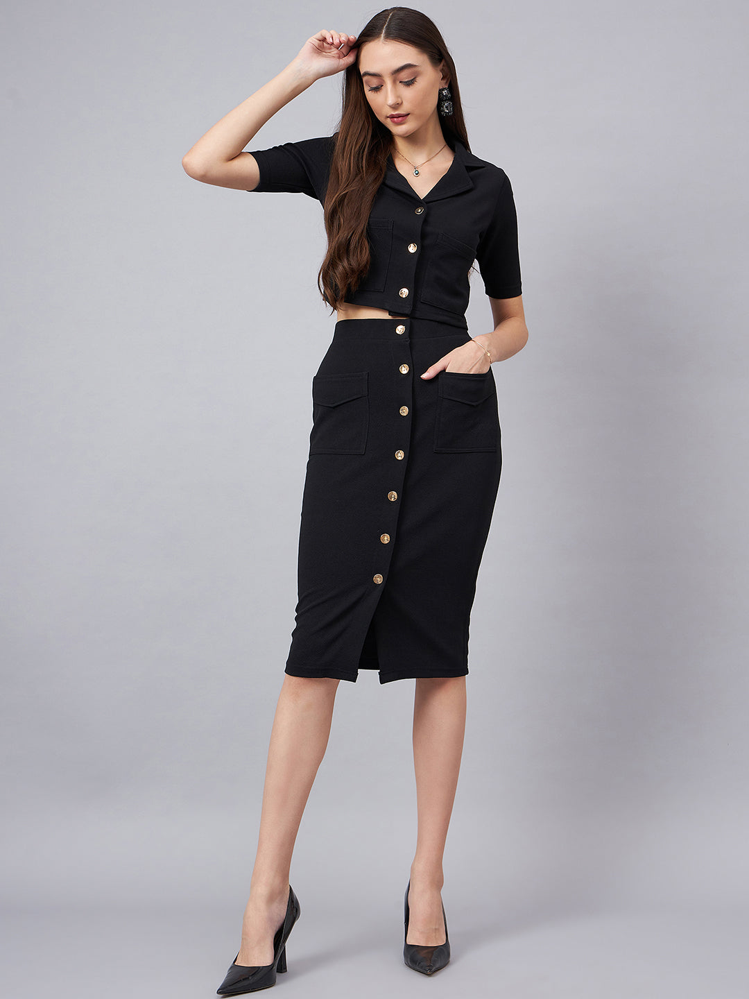 Black Crop Top With With Button Detail Skirt