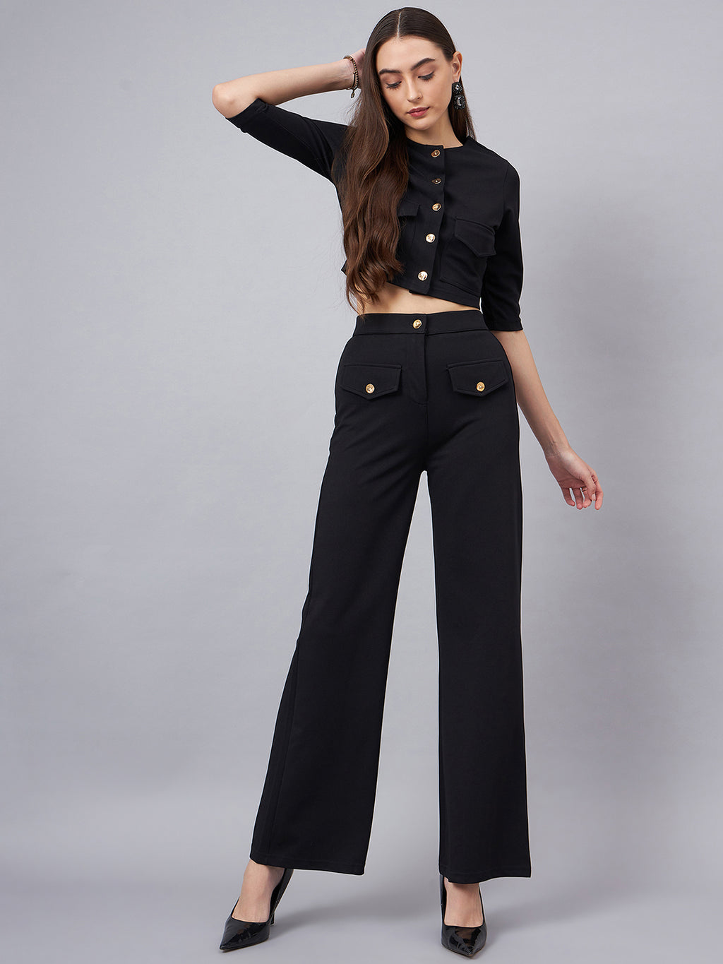 Black Round Neck Crop Top With Trouser