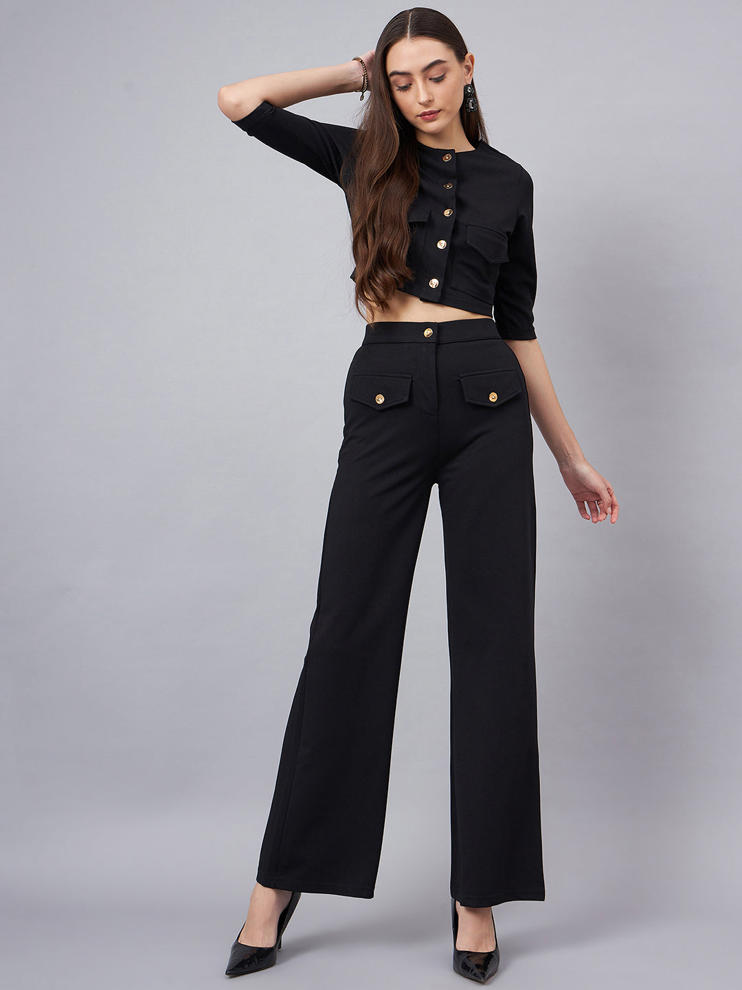 Black Round Neck Crop Top With Trouser
