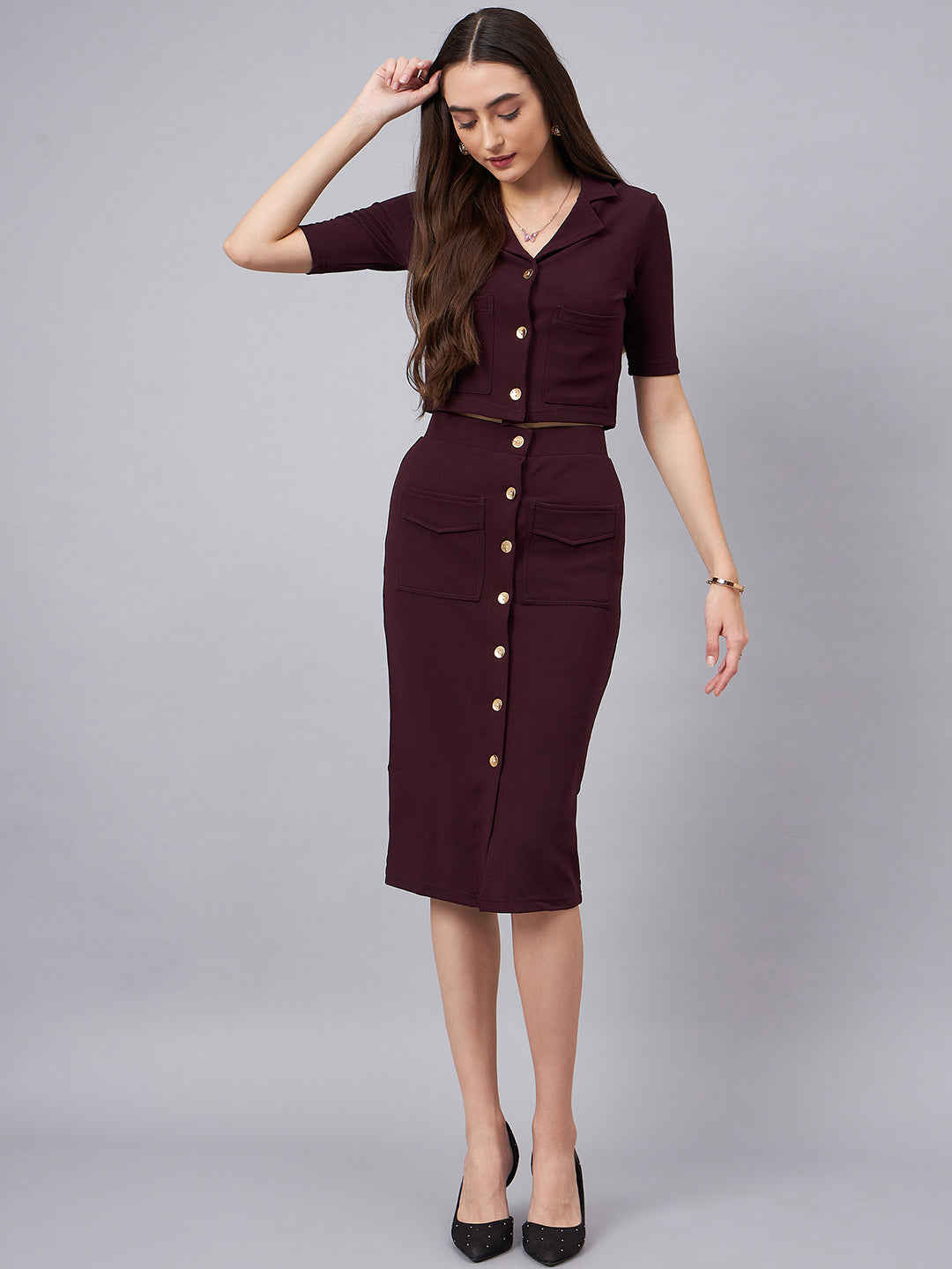 Maroon Crop Blazer With Button Detail Skirt