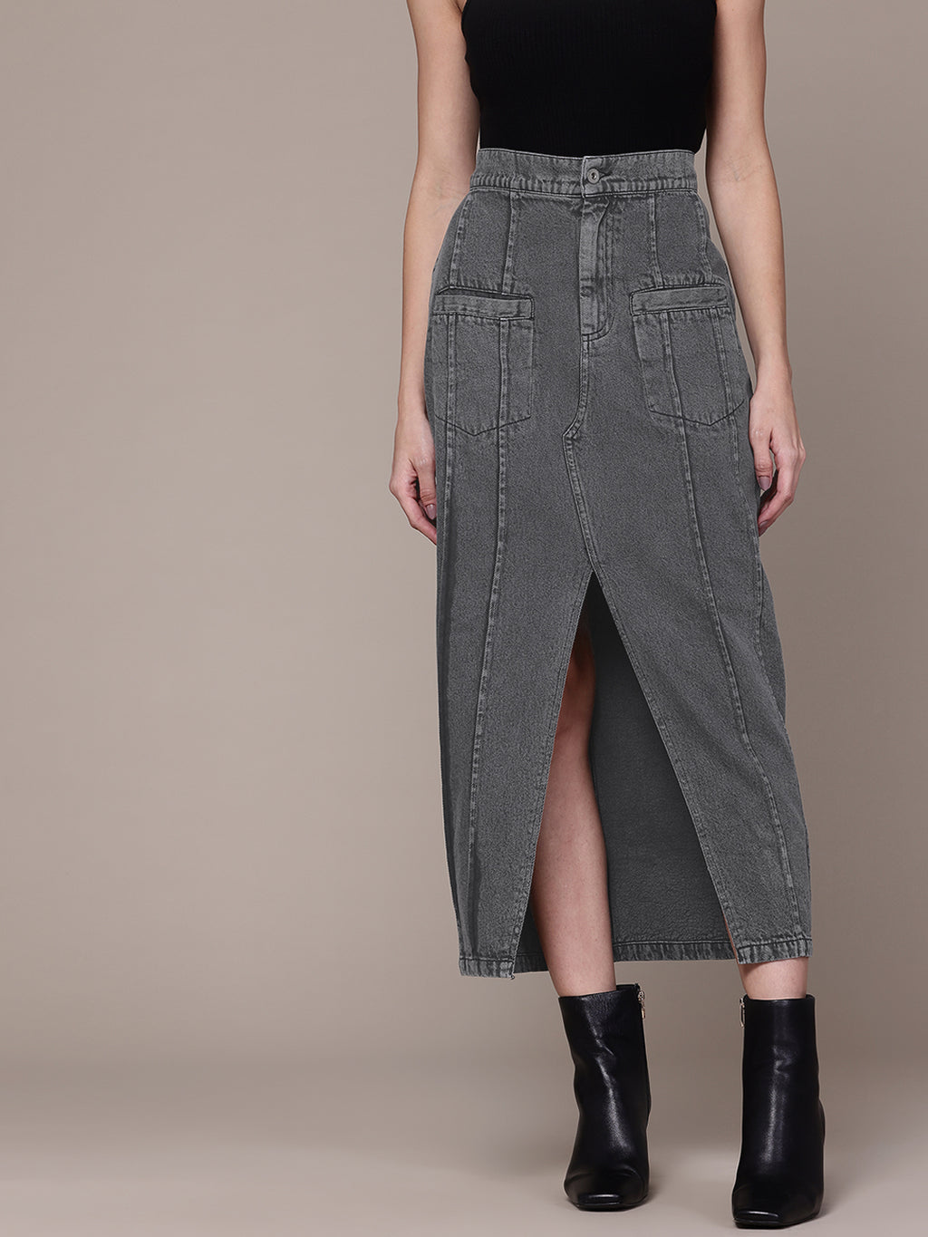 Pure Cotton Denim Straight Midi Skirt with Front Slit