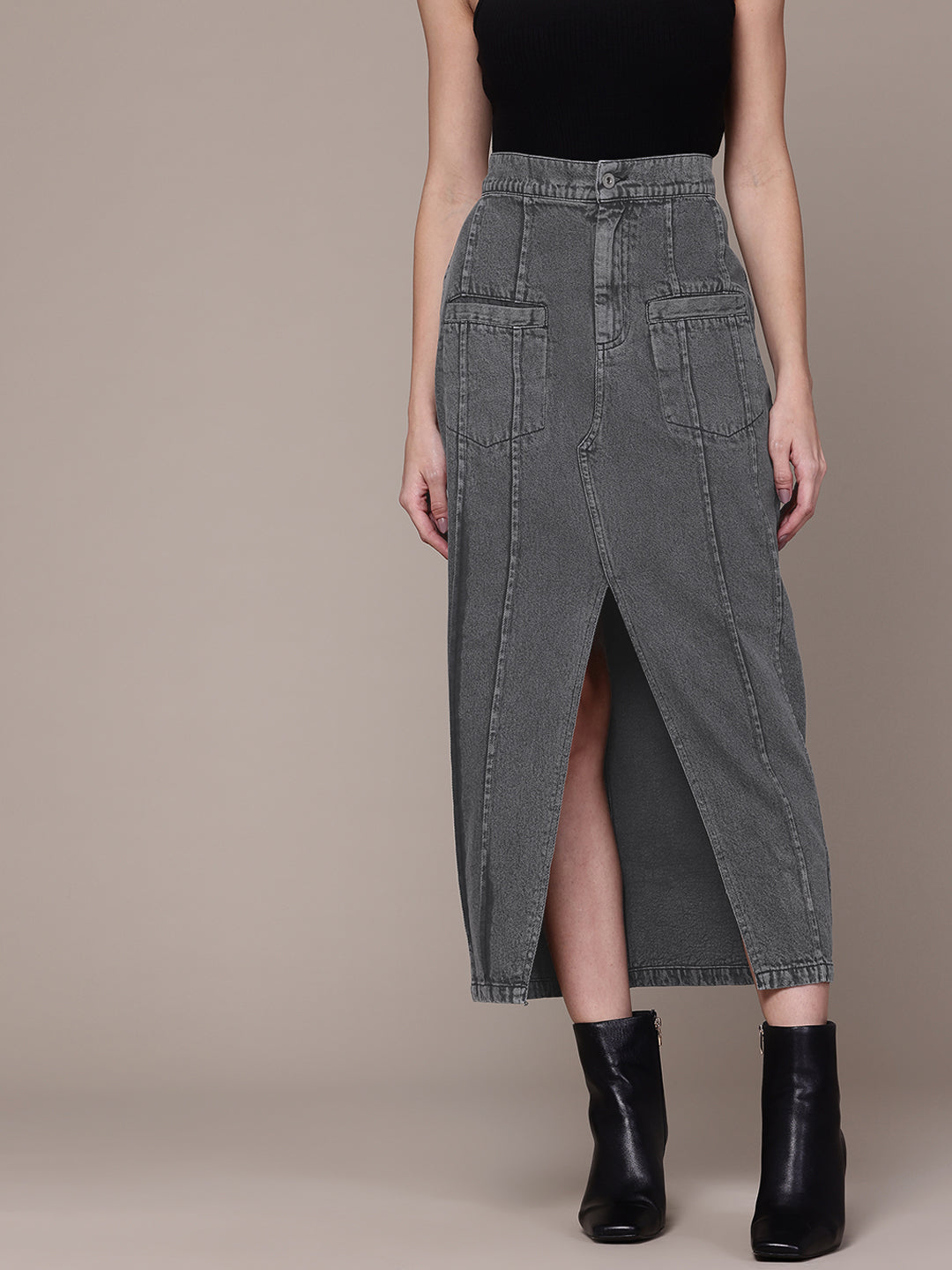 Pure Cotton Denim Straight Midi Skirt with Front Slit