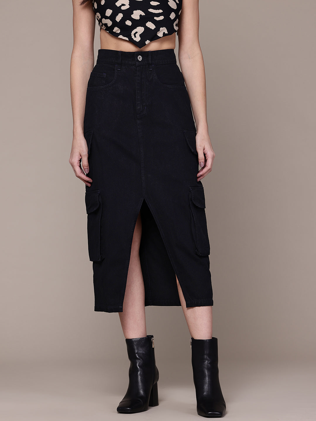 Pure Cotton Black Straight Cargo Denim Midi Skirt with Front Slit
