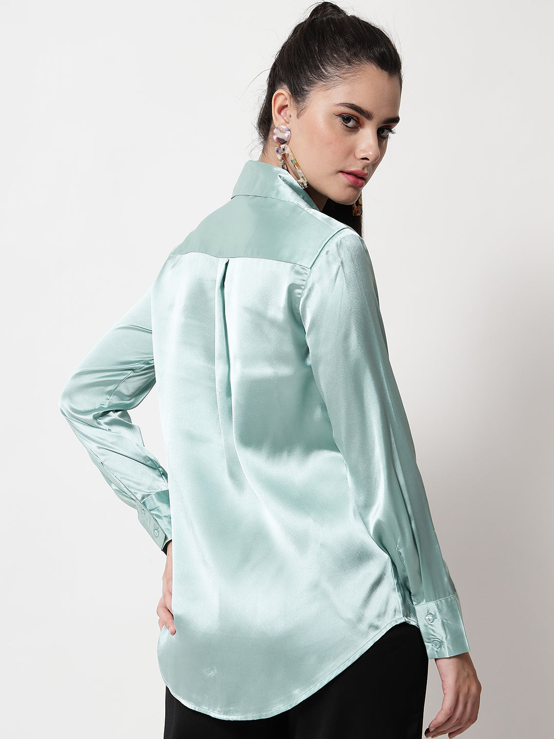 Spread Collar Satin Casual Shirt