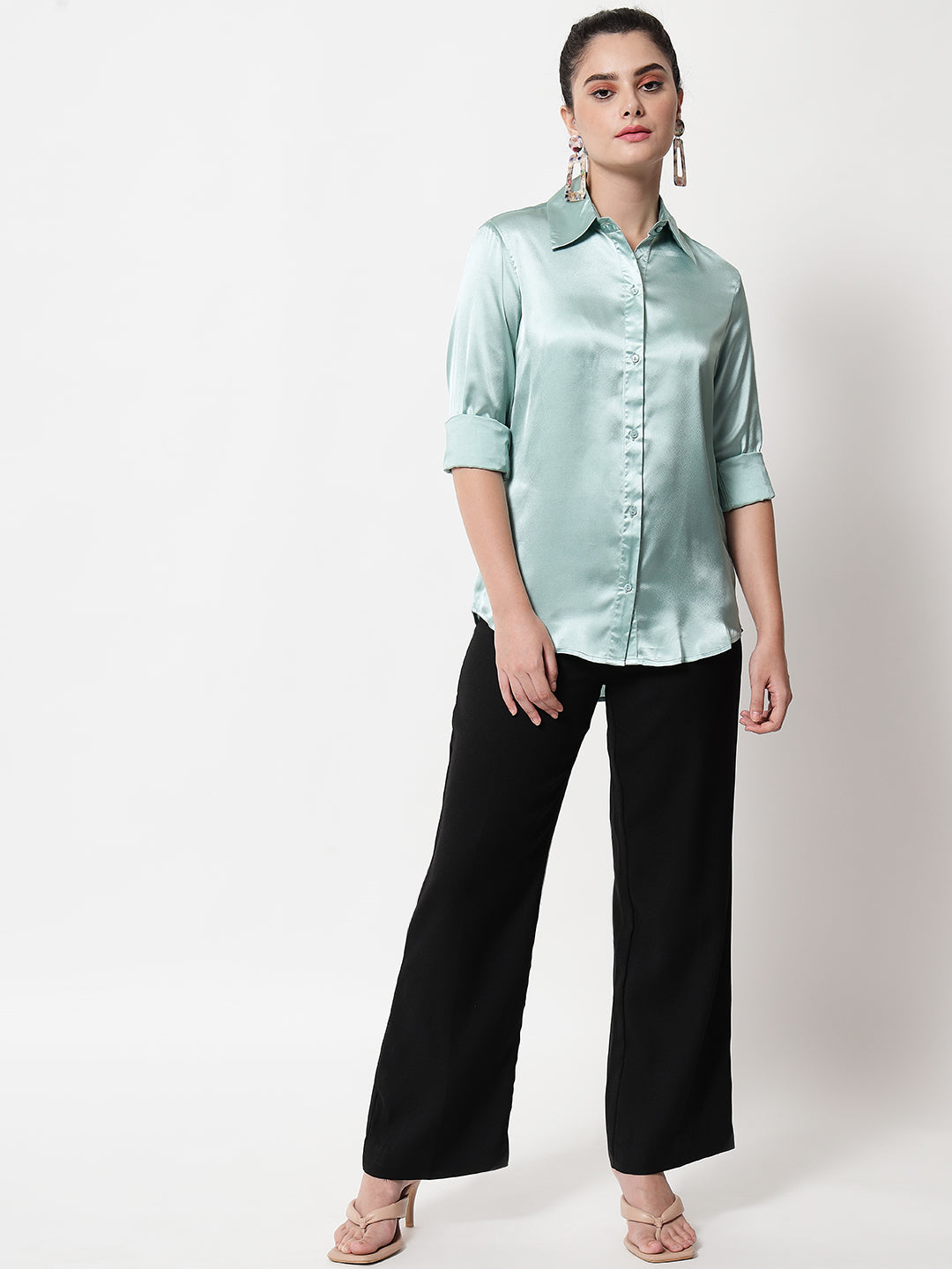 Spread Collar Satin Casual Shirt