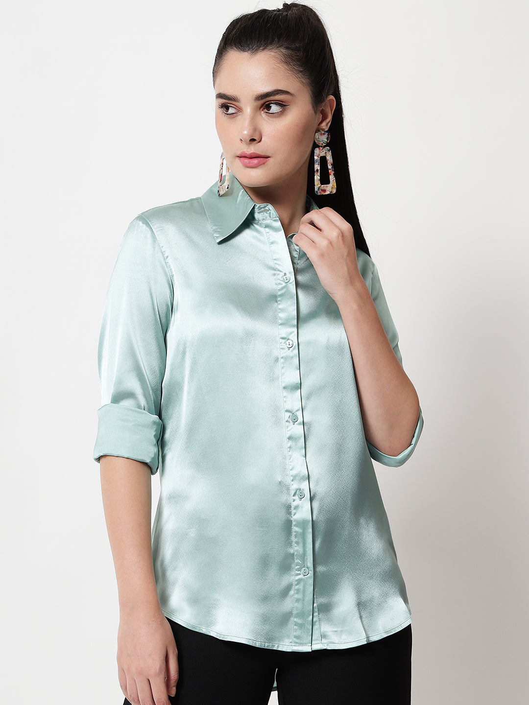 Spread Collar Satin Casual Shirt