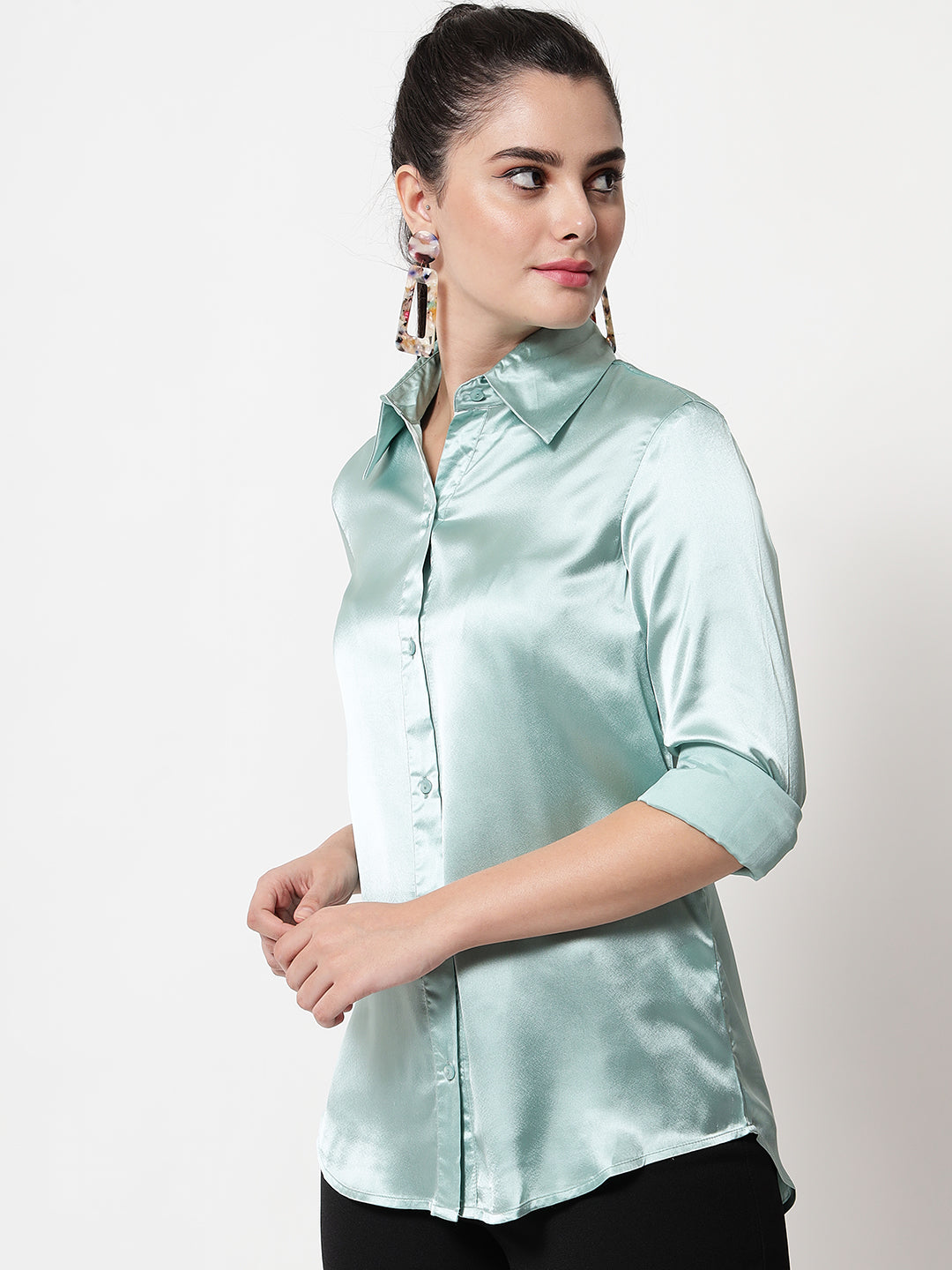 Spread Collar Satin Casual Shirt