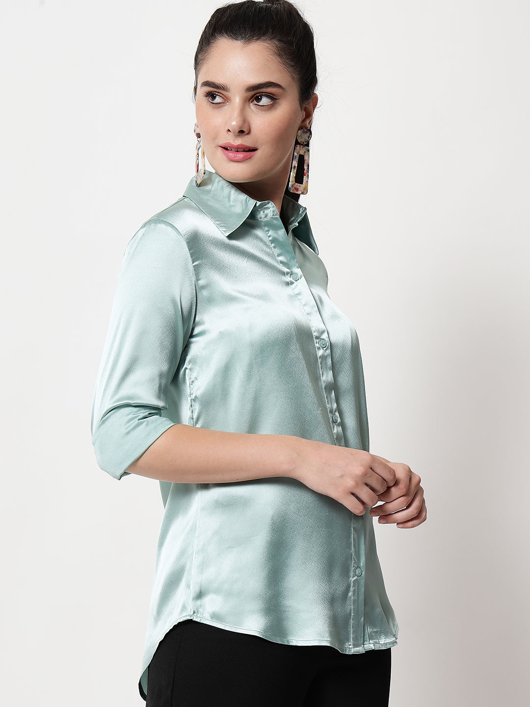 Spread Collar Satin Casual Shirt