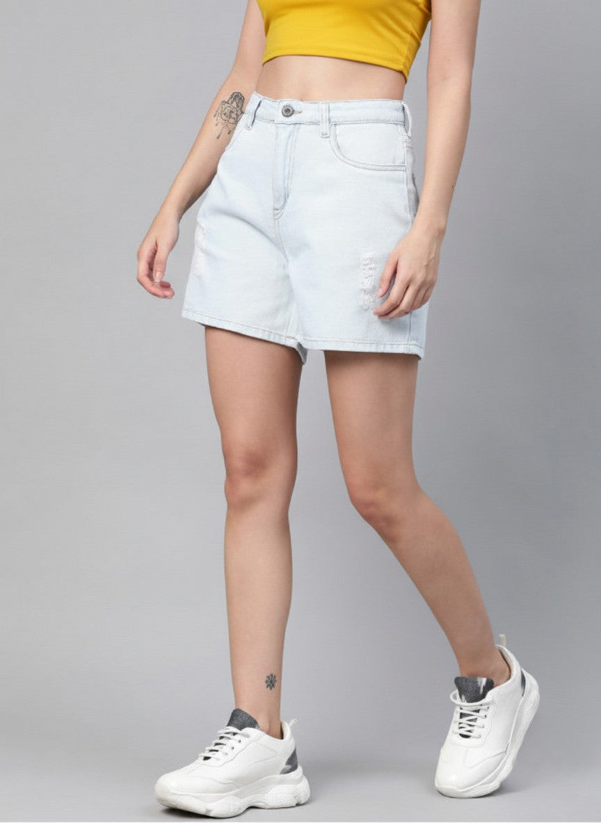 Blue Distressed Loose Fit High-Rise Denim Shorts