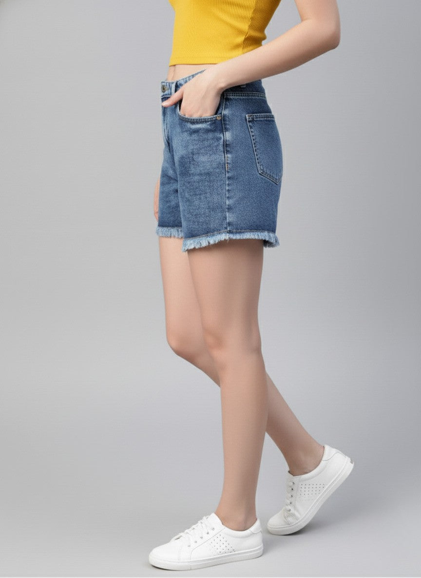 Women Blue Washed Loose Fit Mid-Rise Denim Shorts