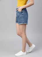 Women Blue Washed Loose Fit Mid-Rise Denim Shorts