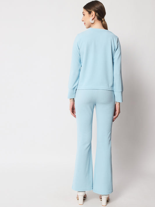 Blue V-Neck Cuff Sleeves Top & Trousers Co-Ords