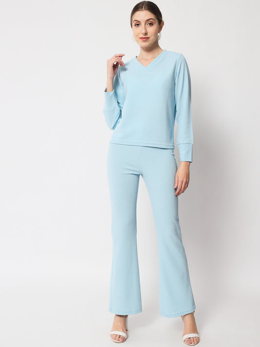 Blue V-Neck Cuff Sleeves Top & Trousers Co-Ords