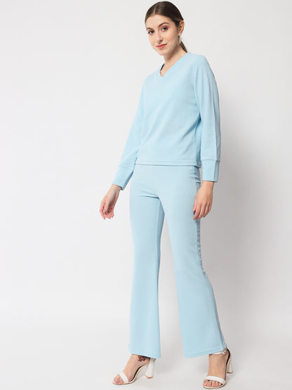 Blue V-Neck Cuff Sleeves Top & Trousers Co-Ords