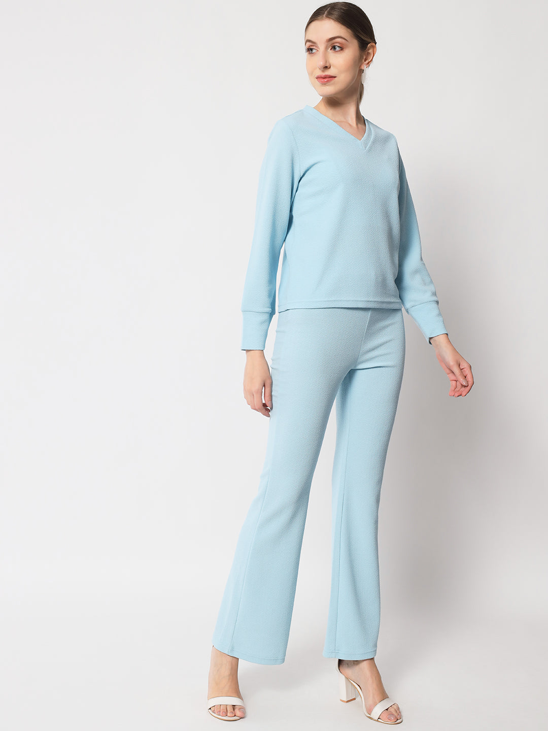 Blue V-Neck Cuff Sleeves Top & Trousers Co-Ords