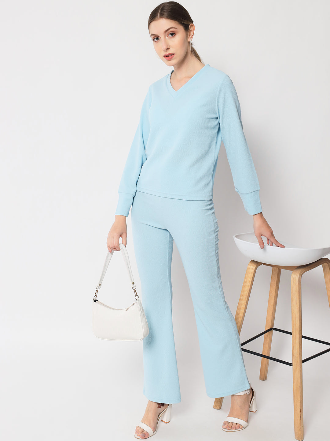 Blue V-Neck Cuff Sleeves Top & Trousers Co-Ords