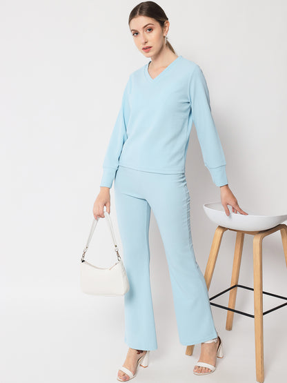 Blue V-Neck Cuff Sleeves Top & Trousers Co-Ords