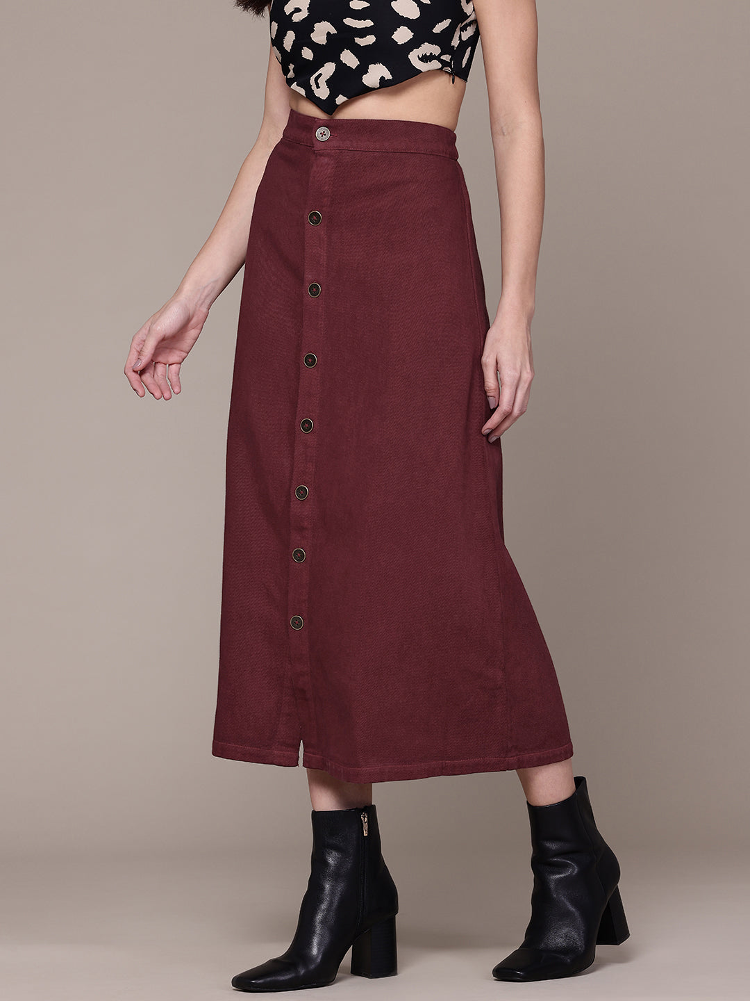Maroon Denim Midi A-Line Skirt