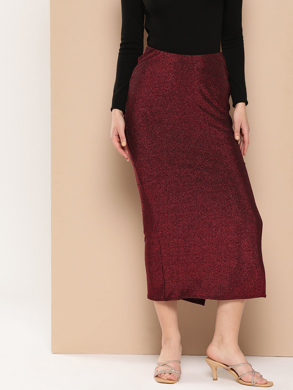 Women Solid Pencil Maroon Shiny Midi Skirt