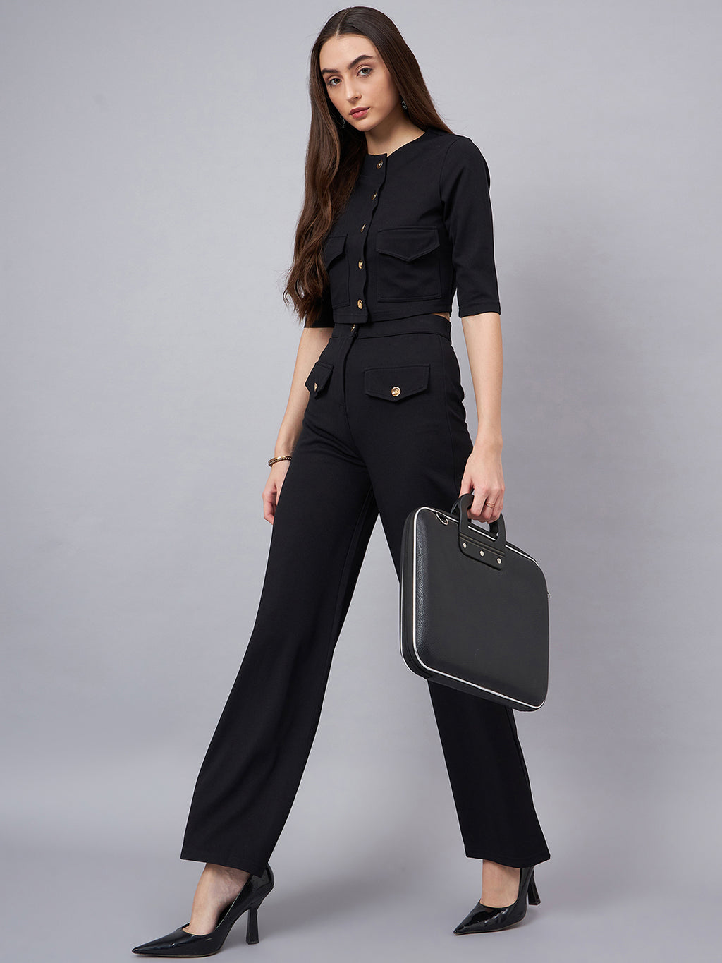 Black Round Neck Crop Top With Trouser