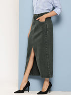 Pure Cotton Denim Straight Maxi Skirt with Front Slit