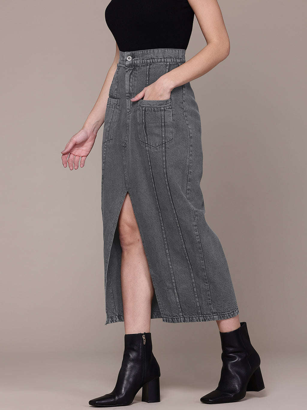 Pure Cotton Denim Straight Midi Skirt with Front Slit