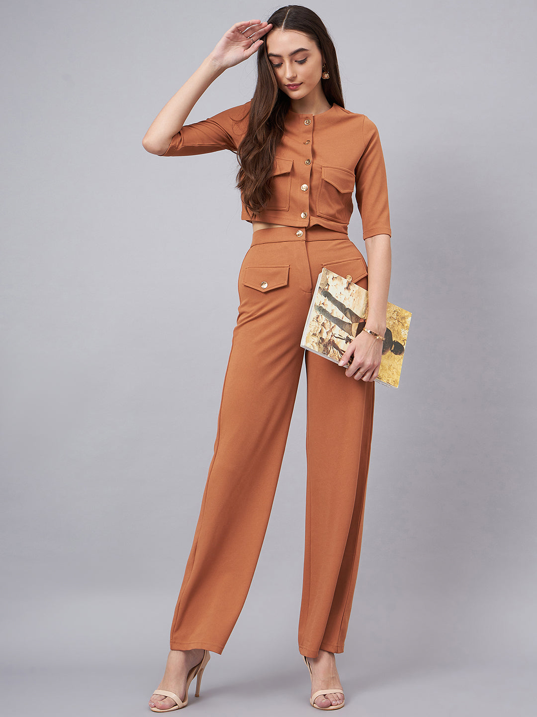 Brown Round Neck Crop Top With Trouser