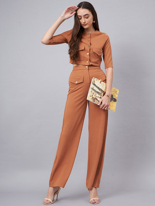 Brown Round Neck Crop Top With Trouser