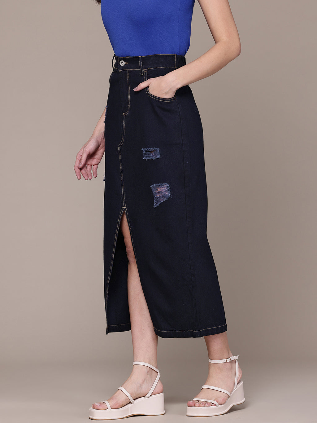 Distressed Pure Cotton Denim Straight Midi Skirt with Front Slit